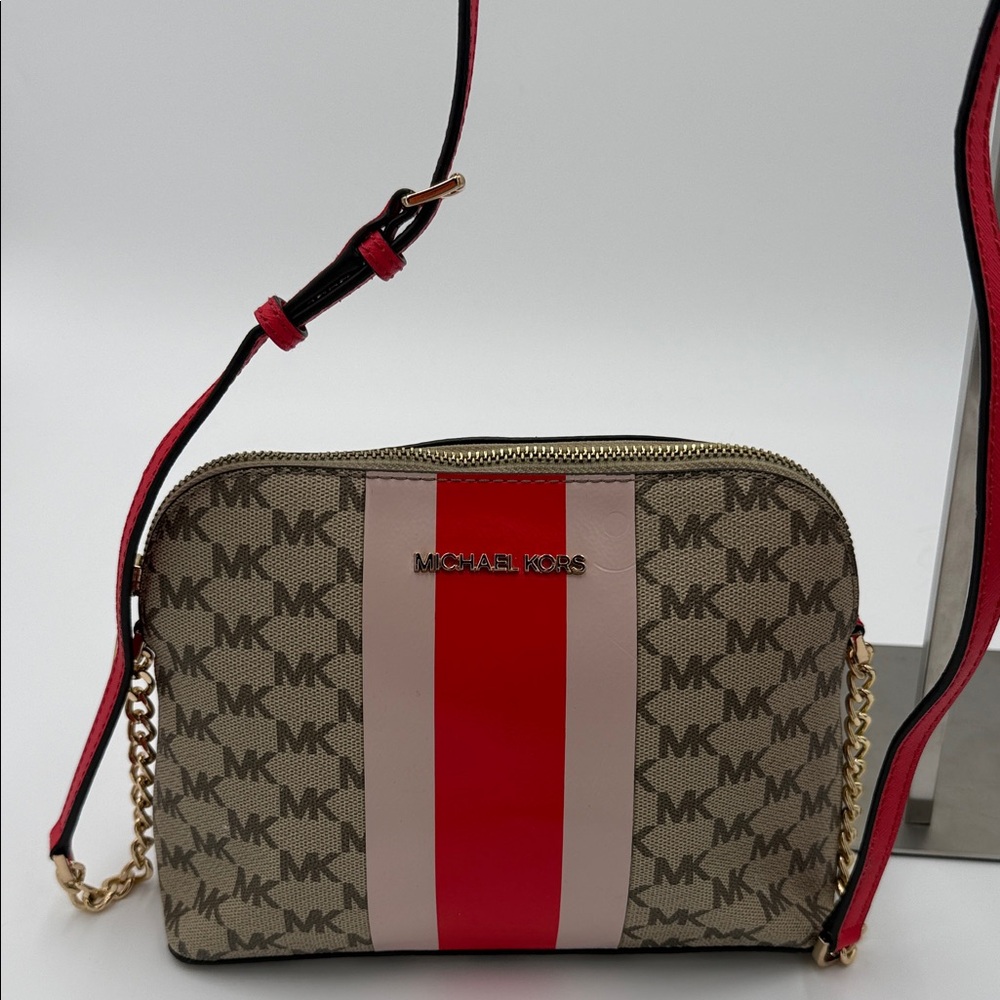 Michael Kors Brown Monogram Crossbody with Red and Pink Stripes